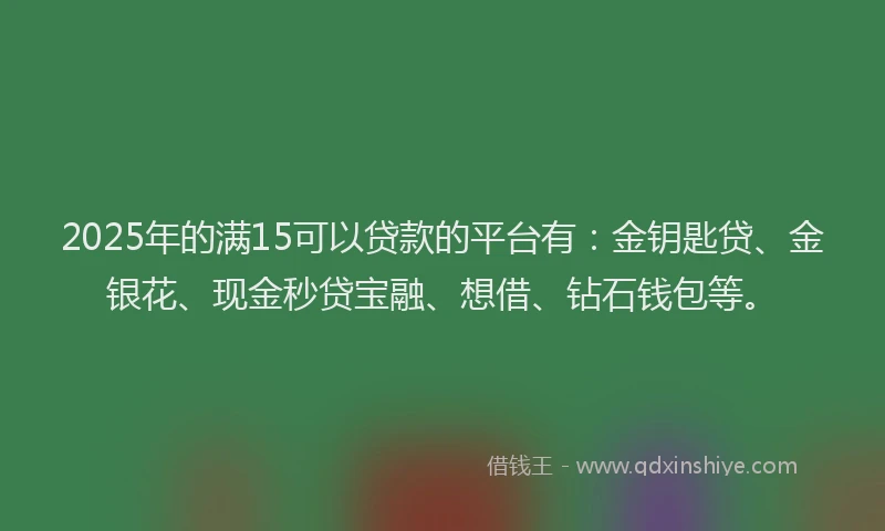 2025年的满15可以贷款的平台有：金钥匙贷、金银花、现金秒贷宝融、想借、钻石钱包等。