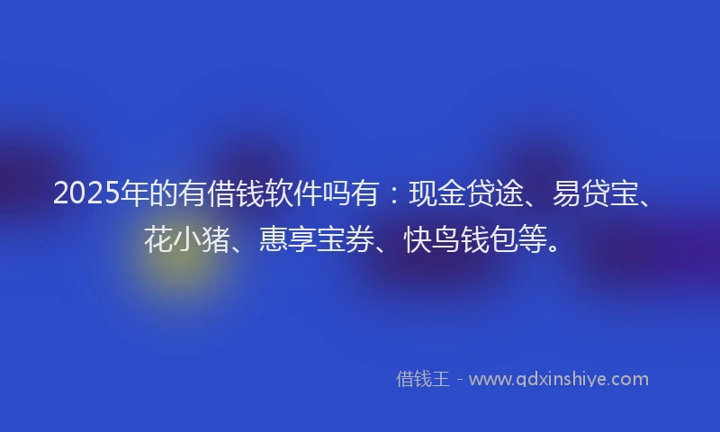 2025年的有借钱软件吗有：现金贷途、易贷宝、花小猪、惠享宝券、快鸟钱包等。