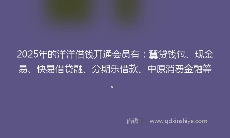 2025年的洋洋借钱开通会员有：翼贷钱包、现金易、快易借贷融、分期乐借款、中原消费金融等。