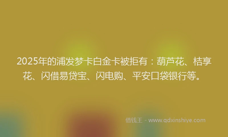 2025年的浦发梦卡白金卡被拒有：葫芦花、桔享花、闪借易贷宝、闪电购、平安口袋银行等。