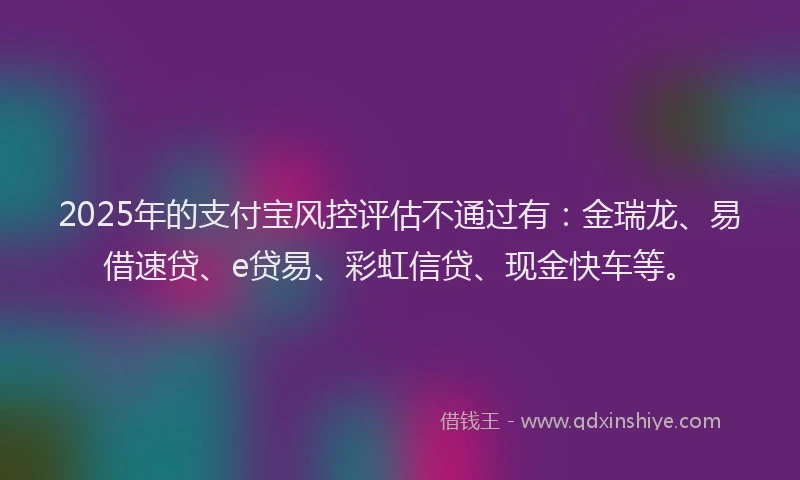2025年的支付宝风控评估不通过有：金瑞龙、易借速贷、e贷易、彩虹信贷、现金快车等。