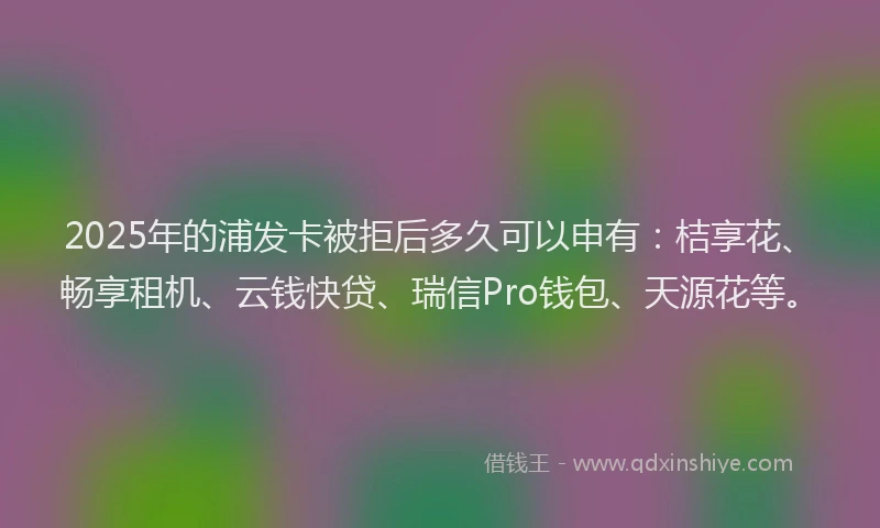 2025年的浦发卡被拒后多久可以申有：桔享花、畅享租机、云钱快贷、瑞信Pro钱包、天源花等。