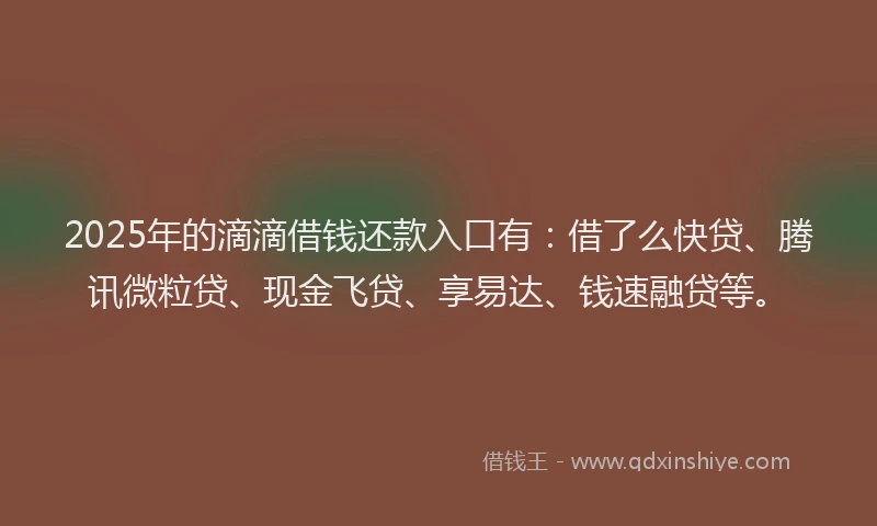 2025年的滴滴借钱还款入口有：借了么快贷、腾讯微粒贷、现金飞贷、享易达、钱速融贷等。