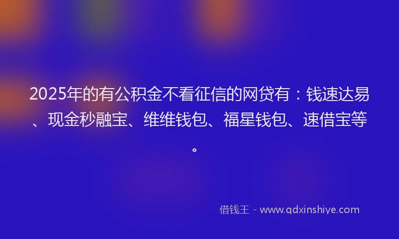 2025年的有公积金不看征信的网贷有：钱速达易、现金秒融宝、维维钱包、福星钱包、速借宝等。