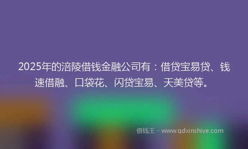 2025年的涪陵借钱金融公司有:借贷宝易贷、钱速借融、口袋花、闪贷宝易、天美贷等。