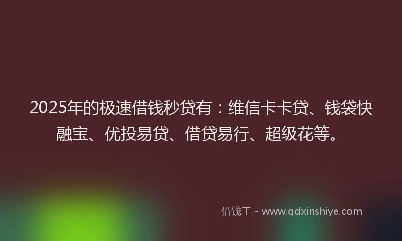 2025年的极速借钱秒贷有：维信卡卡贷、钱袋快融宝、优投易贷、借贷易行、超级花等。
