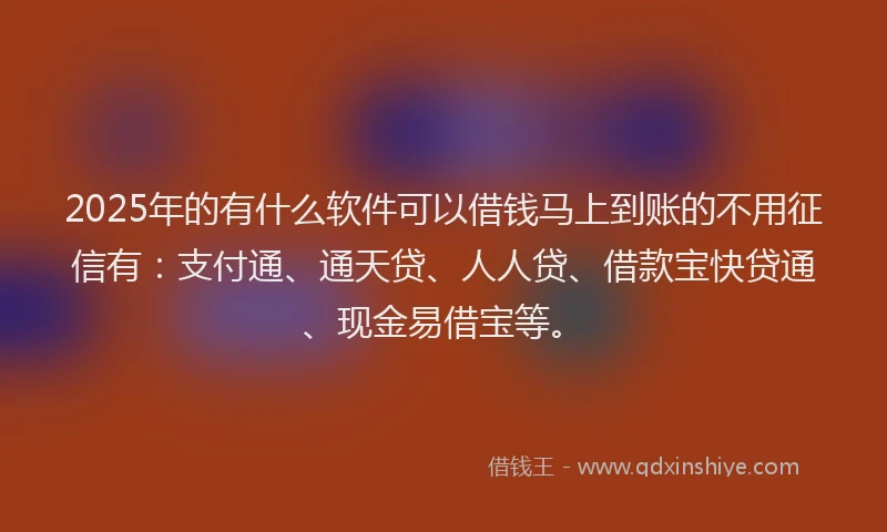 2025年的有什么软件可以借钱马上到账的不用征信有：支付通、通天贷、人人贷、借款宝快贷通、现金易借宝等。