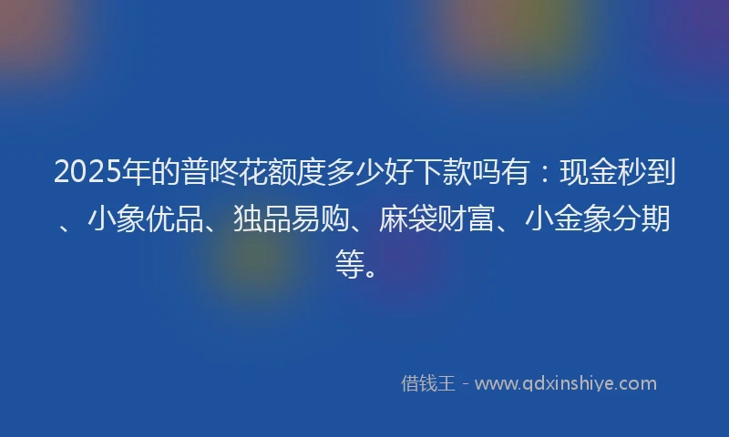 2025年的普咚花额度多少好下款吗有：现金秒到、小象优品、独品易购、麻袋财富、小金象分期等。