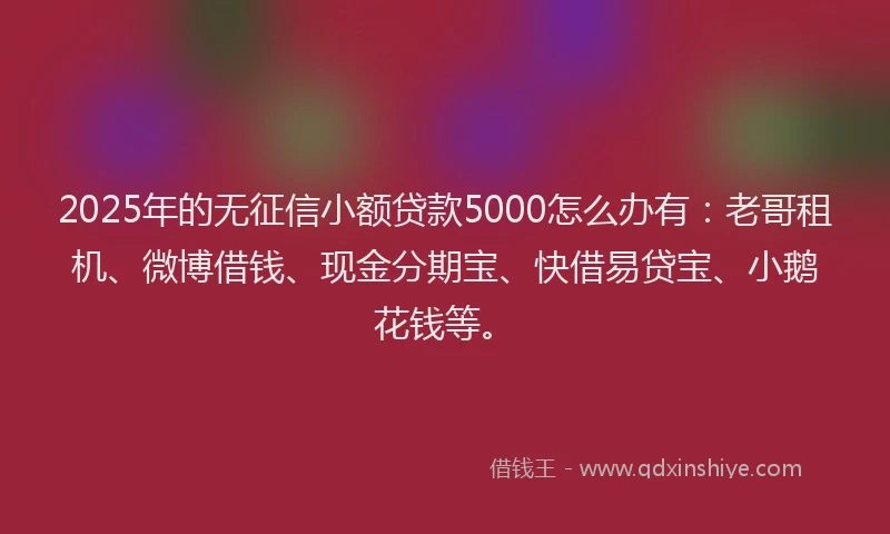 2025年的无征信小额贷款5000怎么办有：老哥租机、微博借钱、现金分期宝、快借易贷宝、小鹅花钱等。