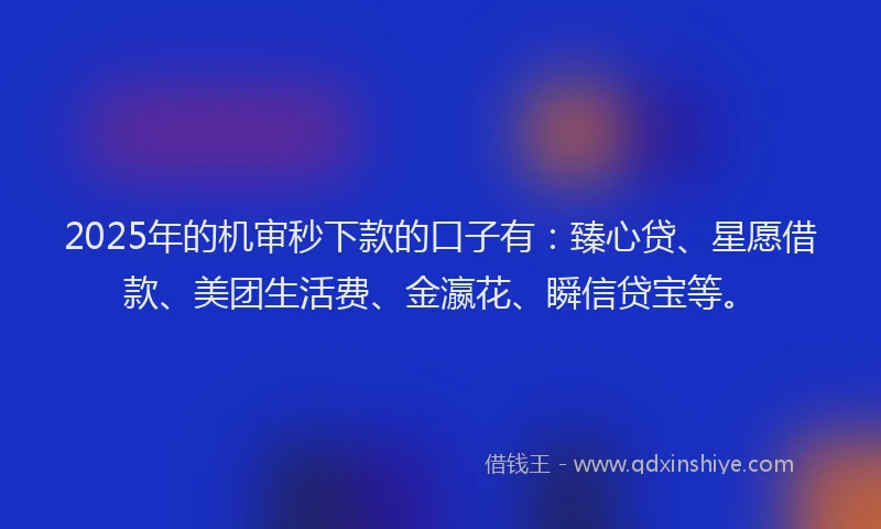 2025年的机审秒下款的口子有：臻心贷、星愿借款、美团生活费、金瀛花、瞬信贷宝等。