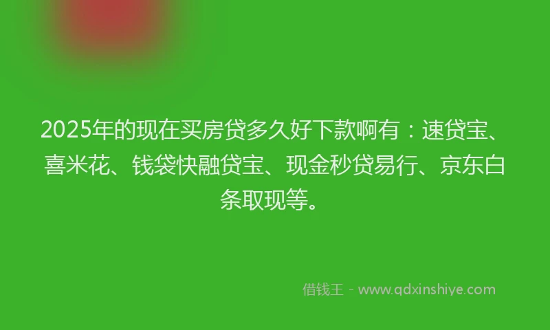 2025年的现在买房贷多久好下款啊有：速贷宝、喜米花、钱袋快融贷宝、现金秒贷易行、京东白条取现等。