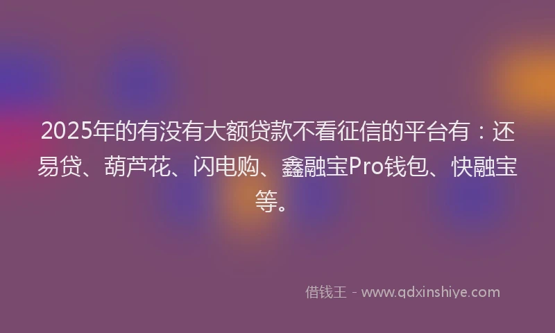 2025年的有没有大额贷款不看征信的平台有：还易贷、葫芦花、闪电购、鑫融宝Pro钱包、快融宝等。