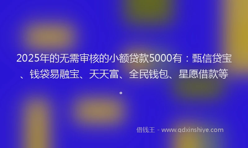2025年的无需审核的小额贷款5000有：甄信贷宝、钱袋易融宝、天天富、全民钱包、星愿借款等。