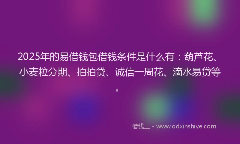 2025年的易借钱包借钱条件是什么有：葫芦花、小麦粒分期、拍拍贷、诚信一周花、滴水易贷等。
