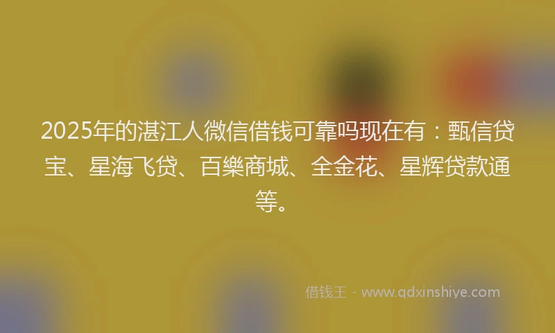 2025年的湛江人微信借钱可靠吗现在有：甄信贷宝、星海飞贷、百樂商城、全金花、星辉贷款通等。