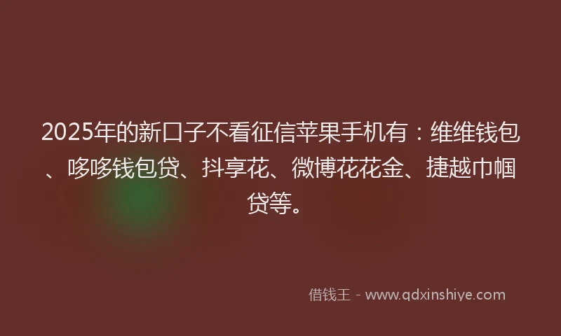2025年的新口子不看征信苹果手机有：维维钱包、哆哆钱包贷、抖享花、微博花花金、捷越巾帼贷等。