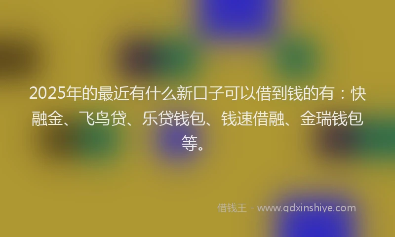 2025年的最近有什么新口子可以借到钱的有：快融金、飞鸟贷、乐贷钱包、钱速借融、金瑞钱包等。