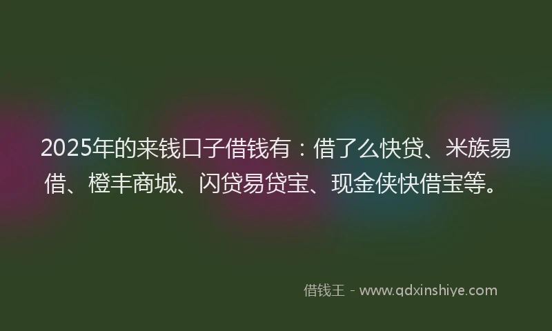 2025年的来钱口子借钱有：借了么快贷、米族易借、橙丰商城、闪贷易贷宝、现金侠快借宝等。