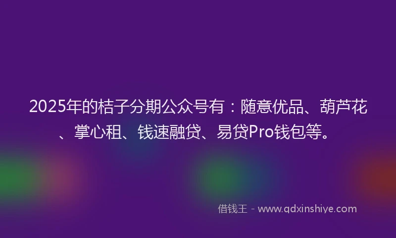 2025年的桔子分期公众号有：随意优品、葫芦花、掌心租、钱速融贷、易贷Pro钱包等。
