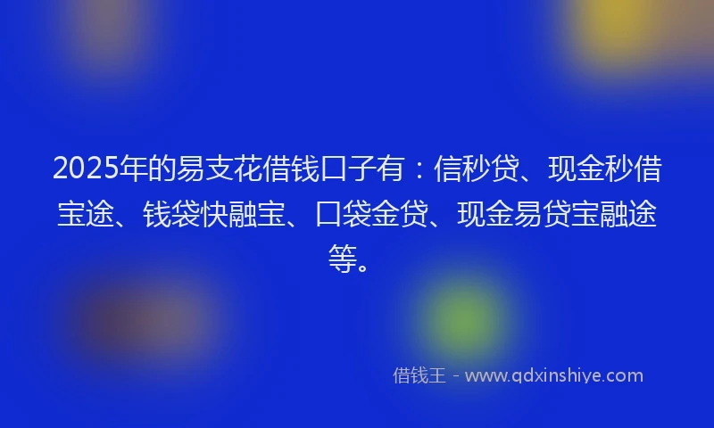 2025年的易支花借钱口子有：信秒贷、现金秒借宝途、钱袋快融宝、口袋金贷、现金易贷宝融途等。