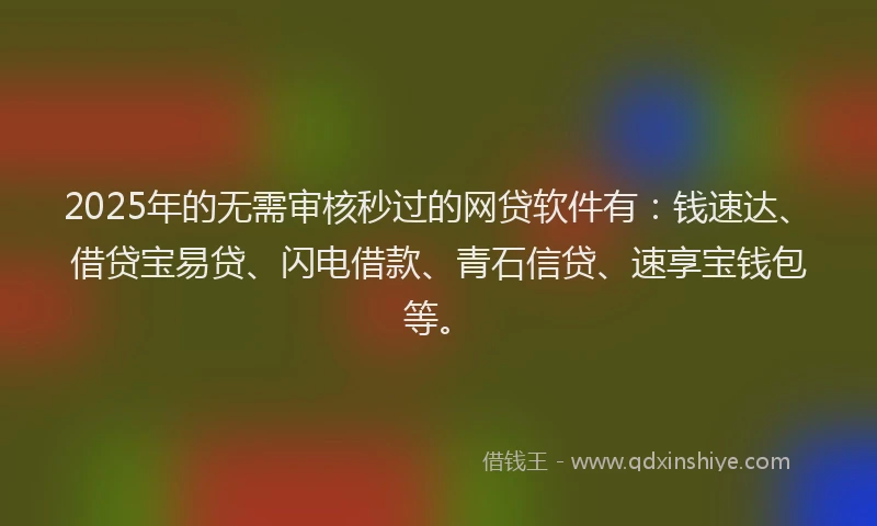 2025年的无需审核秒过的网贷软件有：钱速达、借贷宝易贷、闪电借款、青石信贷、速享宝钱包等。