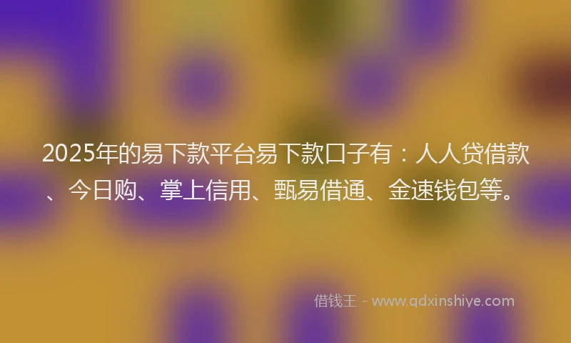 2025年的易下款平台易下款口子有：人人贷借款、今日购、掌上信用、甄易借通、金速钱包等。