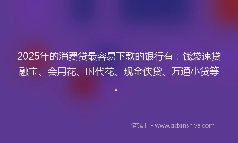 2025年的消费贷最容易下款的银行有：钱袋速贷融宝、会用花、时代花、现金侠贷、万通小贷等。