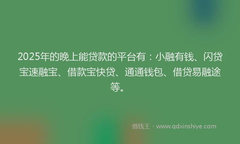 2025年的晚上能贷款的平台有：小融有钱、闪贷宝速融宝、借款宝快贷、通通钱包、借贷易融途等。