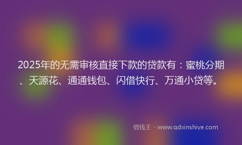 2025年的无需审核直接下款的贷款有：蜜桃分期、天源花、通通钱包、闪借快行、万通小贷等。