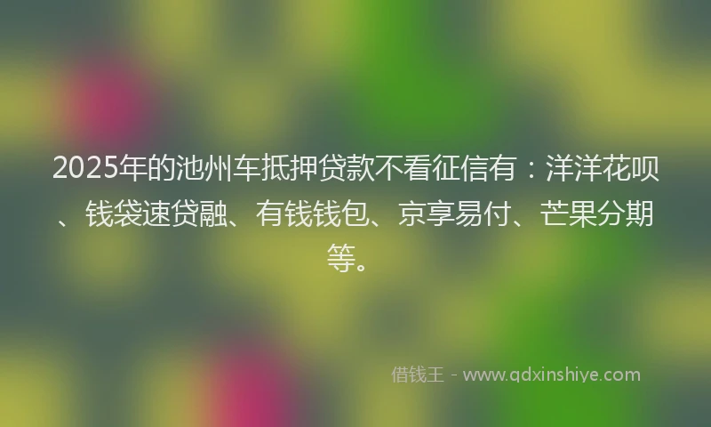 2025年的池州车抵押贷款不看征信有：洋洋花呗、钱袋速贷融、有钱钱包、京享易付、芒果分期等。