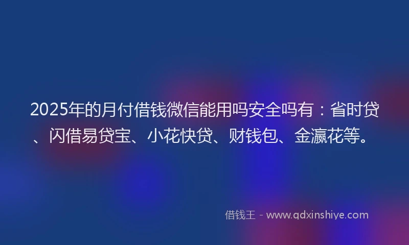 2025年的月付借钱微信能用吗安全吗有：省时贷、闪借易贷宝、小花快贷、财钱包、金瀛花等。