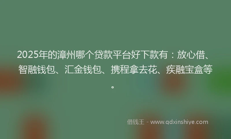 2025年的漳州哪个贷款平台好下款有：放心借、智融钱包、汇金钱包、携程拿去花、疾融宝盒等。