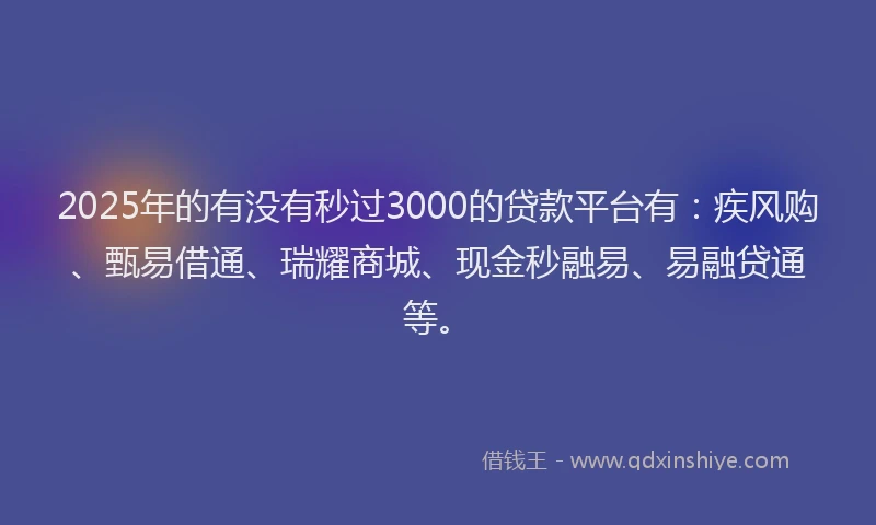 2025年的有没有秒过3000的贷款平台有：疾风购、甄易借通、瑞耀商城、现金秒融易、易融贷通等。