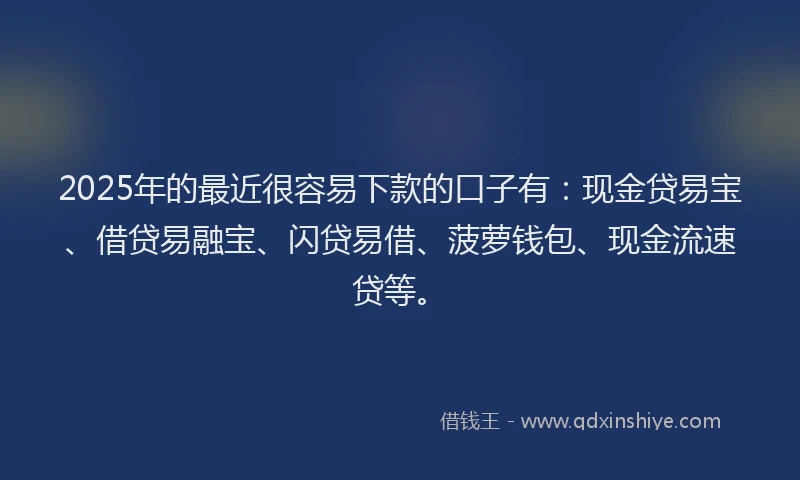 2025年的最近很容易下款的口子有：现金贷易宝、借贷易融宝、闪贷易借、菠萝钱包、现金流速贷等。