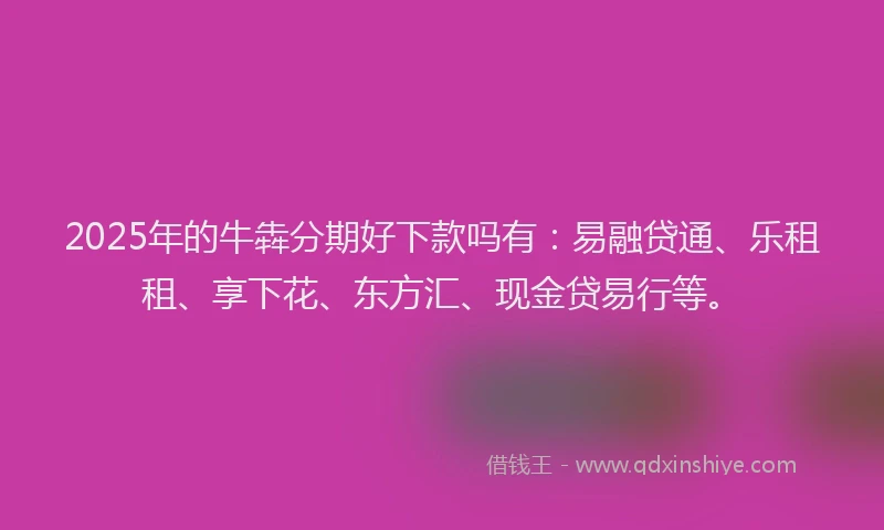 2025年的牛犇分期好下款吗有：易融贷通、乐租租、享下花、东方汇、现金贷易行等。