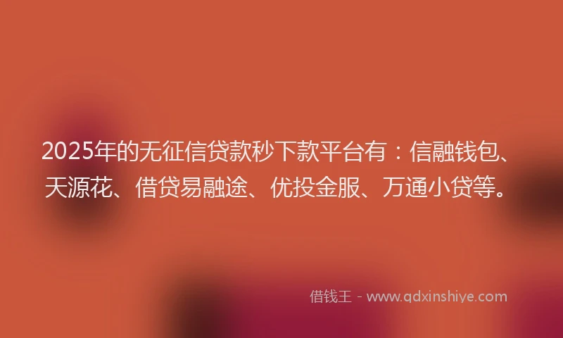 2025年的无征信贷款秒下款平台有：信融钱包、天源花、借贷易融途、优投金服、万通小贷等。