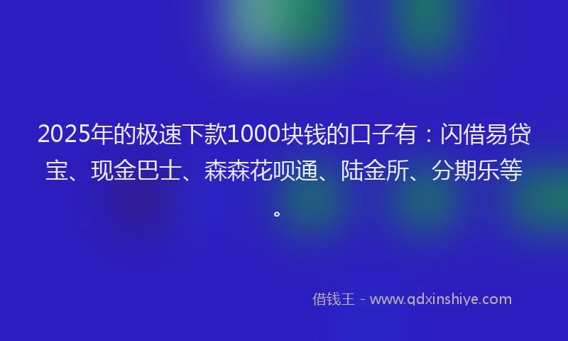 2025年的极速下款1000块钱的口子有：闪借易贷宝、现金巴士、森森花呗通、陆金所、分期乐等。