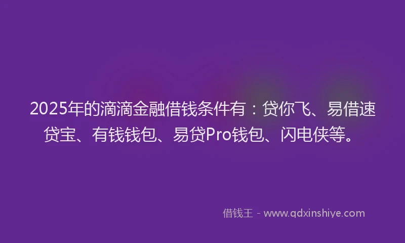 2025年的滴滴金融借钱条件有：贷你飞、易借速贷宝、有钱钱包、易贷Pro钱包、闪电侠等。