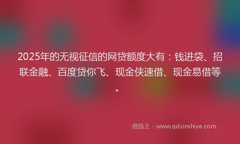 2025年的无视征信的网贷额度大有：钱进袋、招联金融、百度贷你飞、现金侠速借、现金易借等。
