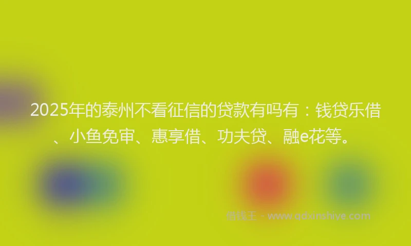 2025年的泰州不看征信的贷款有吗有：钱贷乐借、小鱼免审、惠享借、功夫贷、融e花等。