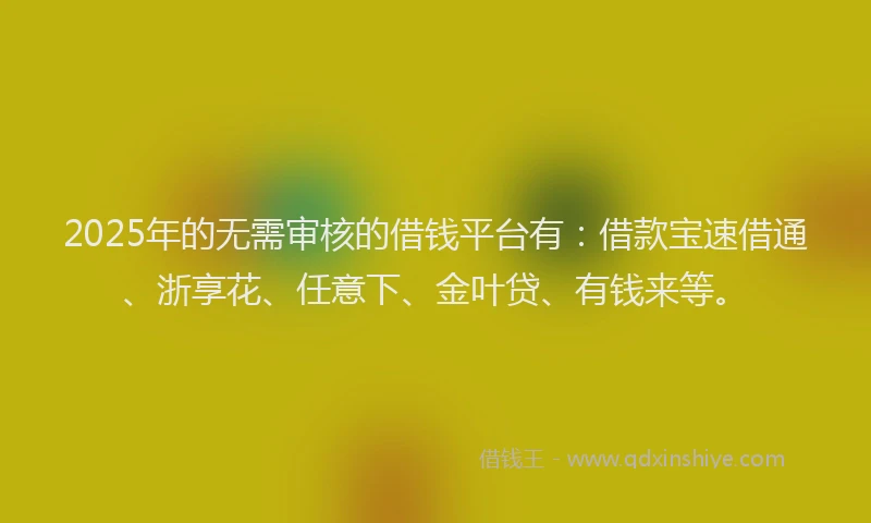 2025年的无需审核的借钱平台有：借款宝速借通、浙享花、任意下、金叶贷、有钱来等。