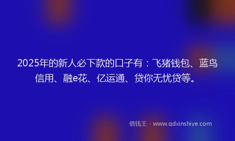 2025年的新人必下款的口子有：飞猪钱包、蓝鸟信用、融e花、亿运通、贷你无忧贷等。