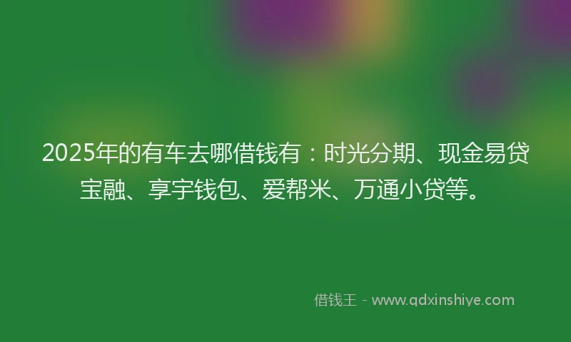 2025年的有车去哪借钱有：时光分期、现金易贷宝融、享宇钱包、爱帮米、万通小贷等。