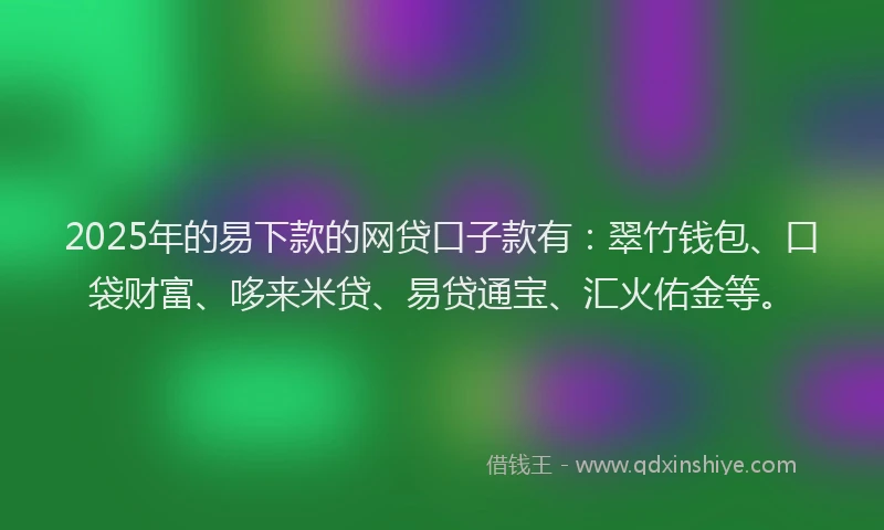 2025年的易下款的网贷口子款有：翠竹钱包、口袋财富、哆来米贷、易贷通宝、汇火佑金等。