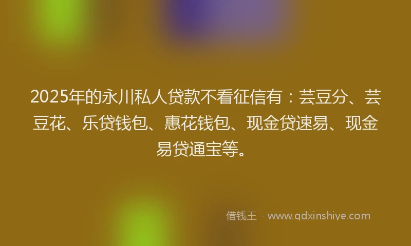 2025年的永川私人贷款不看征信有：芸豆分、芸豆花、乐贷钱包、惠花钱包、现金贷速易、现金易贷通宝等。