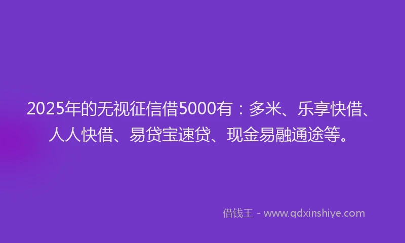 2025年的无视征信借5000有:多米、乐享快借、人人快借、易贷宝速贷、现金易融通途等。