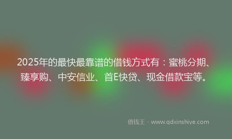 2025年的最快最靠谱的借钱方式有：蜜桃分期、臻享购、中安信业、首E快贷、现金借款宝等。