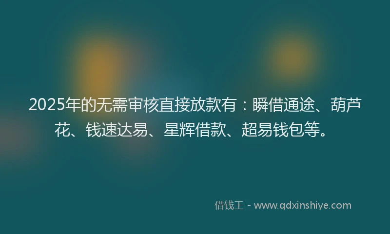 2025年的无需审核直接放款有：瞬借通途、葫芦花、钱速达易、星辉借款、超易钱包等。