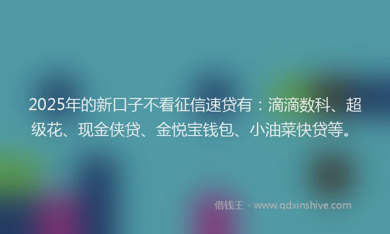 2025年的新口子不看征信速贷有：滴滴数科、超级花、现金侠贷、金悦宝钱包、小油菜快贷等。