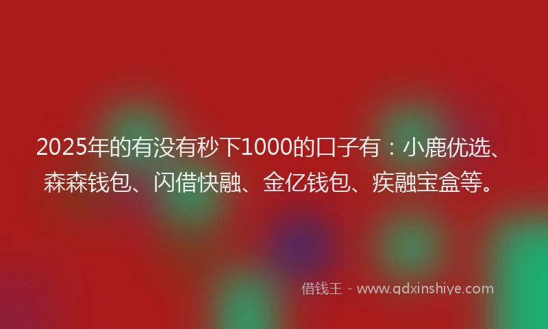 2025年的有没有秒下1000的口子有：小鹿优选、森森钱包、闪借快融、金亿钱包、疾融宝盒等。
